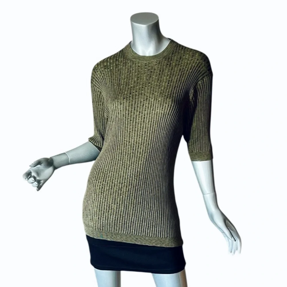 Baracuta 100% Silk Sweater Top Olive Green Ribbed Soft & Stretchy Size LARGE